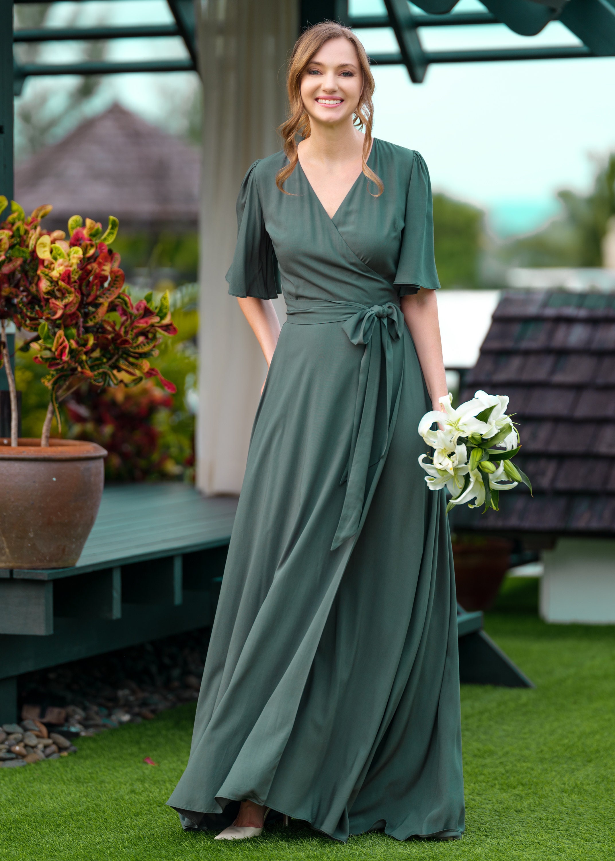 casual dress for dinner women Stylish Allover Print Mid-Length Color:Dusty Blue Reverie South Beach cowl neck simple earrings Mint Green