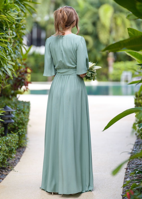 Sage Green Slit Dress With Belt, Viscose Slit Dress, Bridesmaids Dress,  Wedding Guest Dress, Summer Dress, Evening Dress, Formal Dress - Etsy