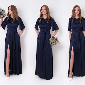 Navy blue silk dress with belt, long slit dress, bridesmaid dress, wedding guest dress, maxi dress, evening dress, formal dress