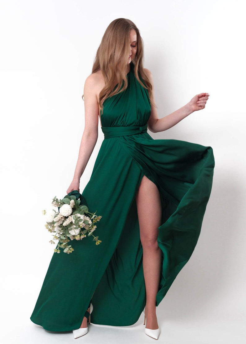 Infinity-Schlitzkleid, dunkelgrünes Seidenkleid, Brautjungfernkleid, Seidensatinkleid, Multi-Wickelkleid, wandelbares Kleid, Multiway-Kleid Bild 6