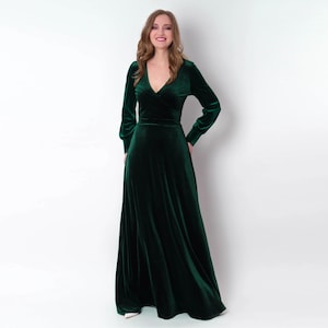 Emerald green velvet long dress, bridesmaid velvet dress, wedding guest dress, velvet gown, velvet slit dress, maxi dress, evening dress