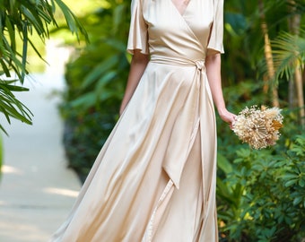 champagne gold silk dress Modest Satin Dress | Gold Champagne | XL - 60 | Buttoned High Neckline, Long Sleeves, Pleats, Belt | Clothing