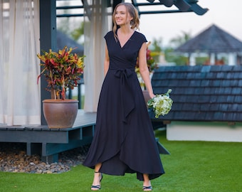 Navy blue chiffon bridesmaid dress, wedding guest dress, bridesmaids dress, chiffon long wrap dress, evening dress, formal chiffon dress