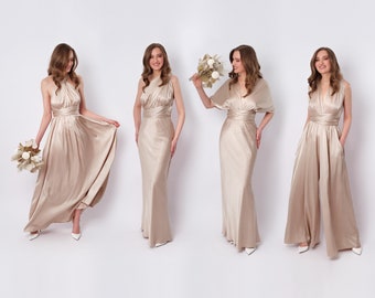 Infinity Kleid oder Overall, Champagner Beige Seidenkleid, Brautjungfer Kleid, Seidenkleid, Wickelkleid, Wandelbares Kleid, Multiway Kleid