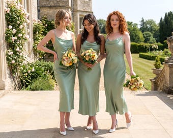Sage green silk slip dress, bridesmaid, wedding guest, evening, midi straps, bridal party attire