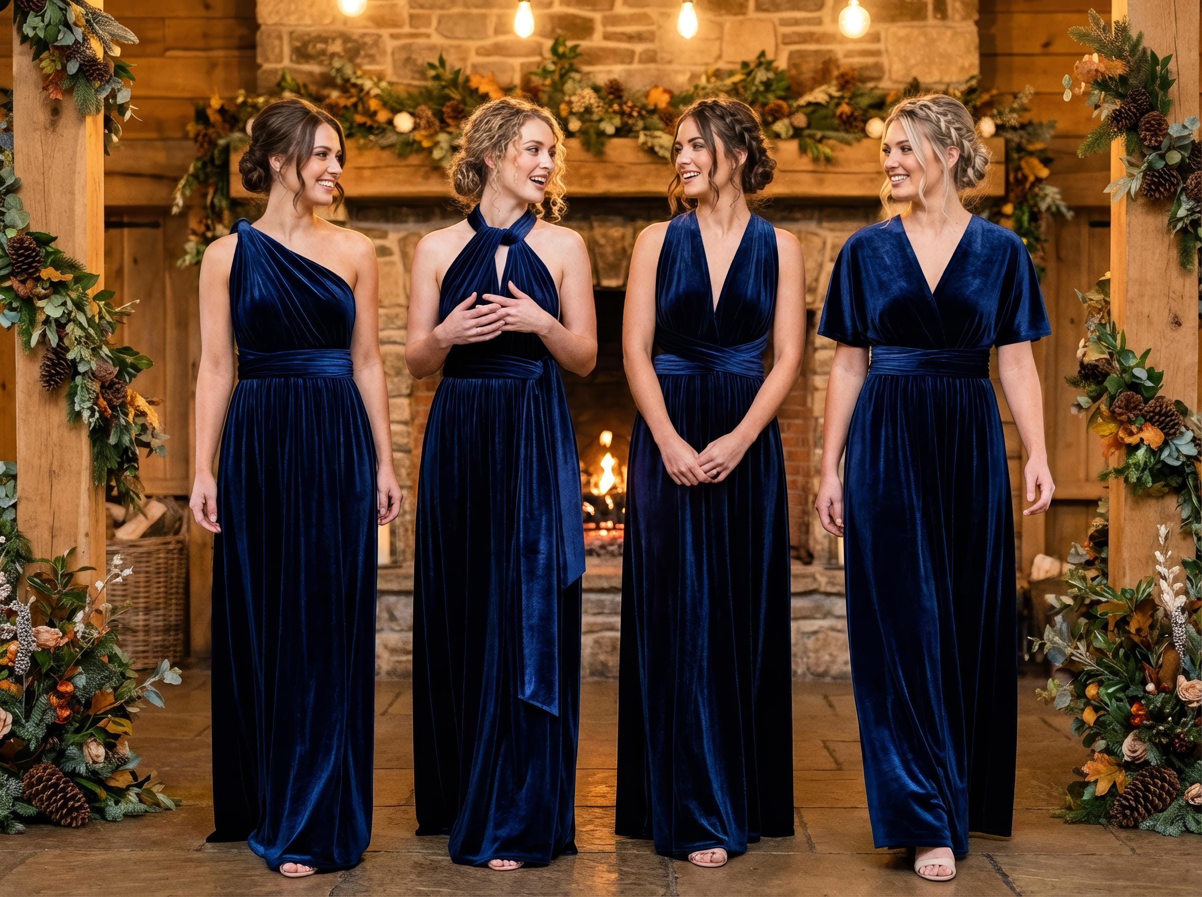 navy blue velvet bridesmaid dresses Infinity Bridesmaids Dress: Convertible Wrap Gown With Flowing Skirt, Maid of Honor Candace | One-Shoulder Satin ROSSO35 Clothing Size:M A double V