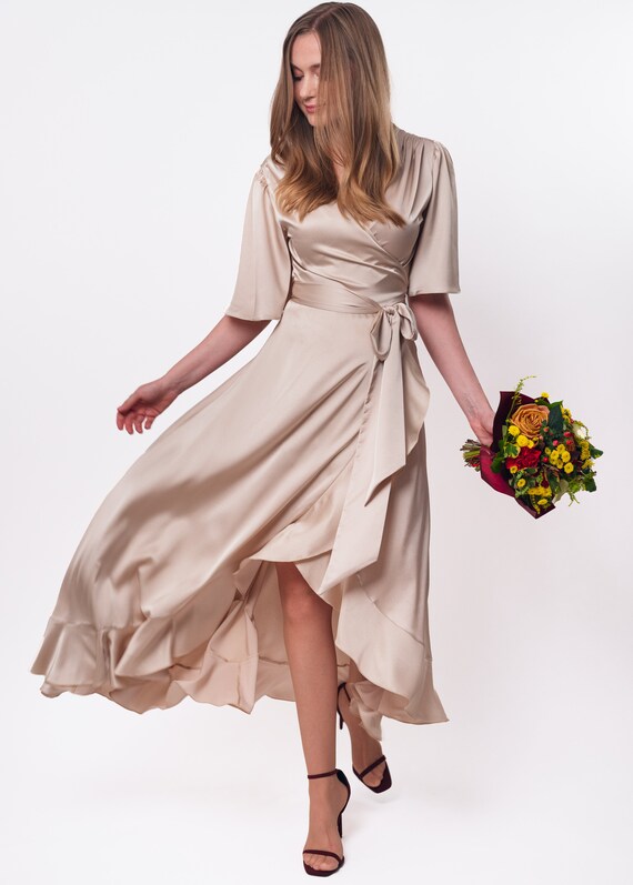 Champagne Beige Dress, Silk Dress, Wrap Dress, Bridesmaid Dress, Wedding  Guest Dress, Women Dress, Maxi Dress, Evening Dress, Long Dress - Etsy UK