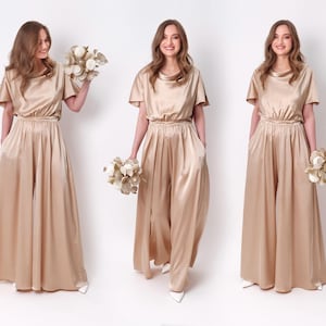Champagne gold silk jumpsuit, silk jumpsuit, bridesmaid jumpsuit, wedding guest jumpsuit, evening jumpsuit, bridesmaid dress, cocktail