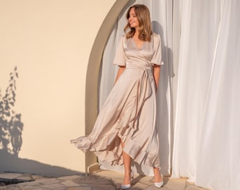 Silk dress | Bridesmaid dress | Light champagne wrap gown for weddings & special occasions, formal | Custom made dress |Wedding guest outfit