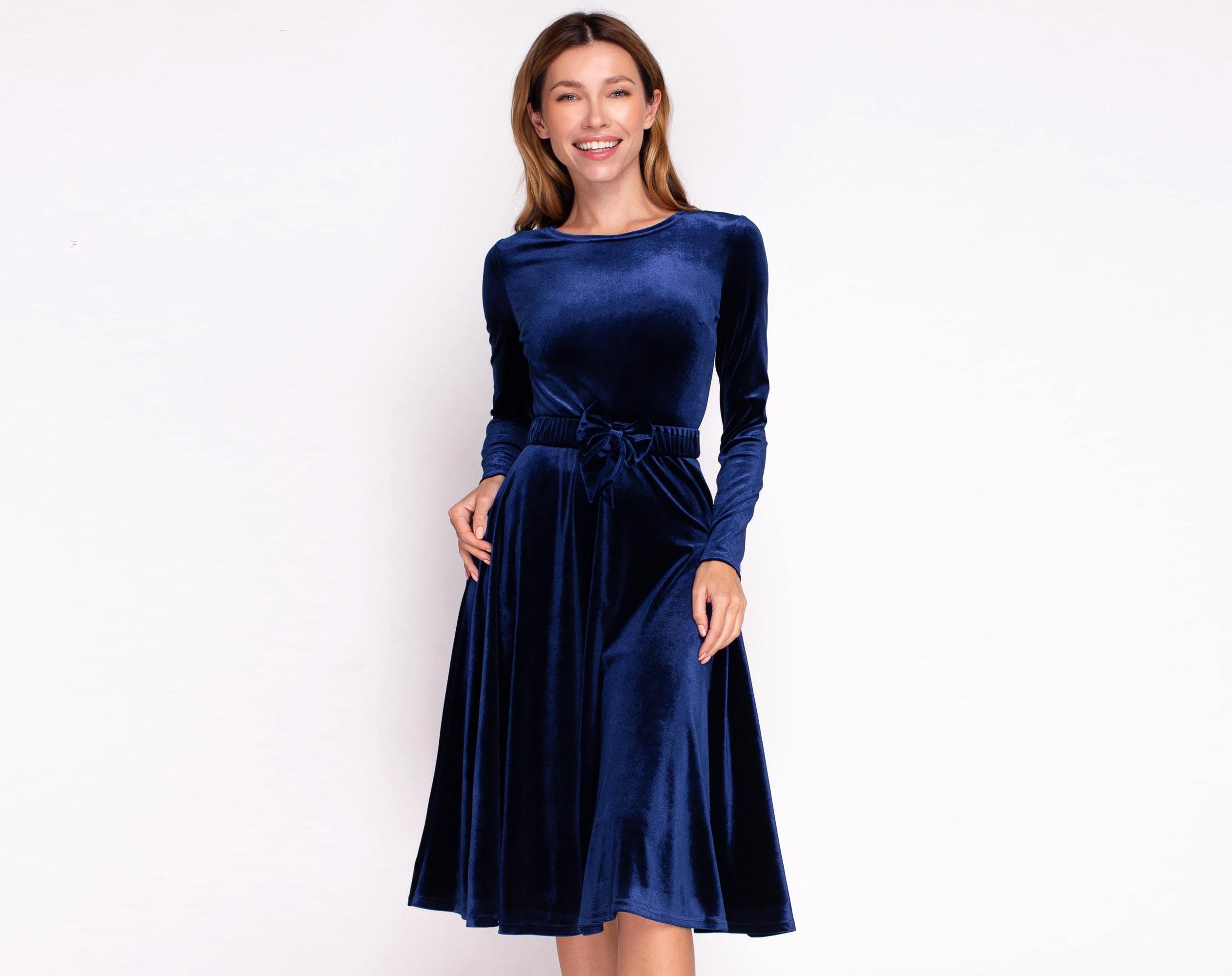 Velvet Midi Dress in Navy Blue With Bow Belt and Long Sleeve: Holiday Party, Christmas, Fall Winter Outfit - Etsy Israel Velvet Midi Dress in Navy Blue With Bow Belt and Long Sleeve: Holiday Party, Christmas, Fall Winter Outfit - Etsy Israel