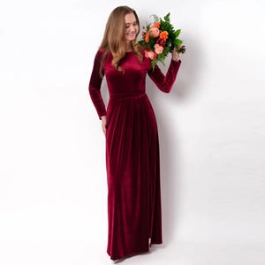 Burgundy velvet long dress, bridesmaid velvet dress, wedding dress, velvet bridesmaid dress, New Year dress, maxi dress,evening dress