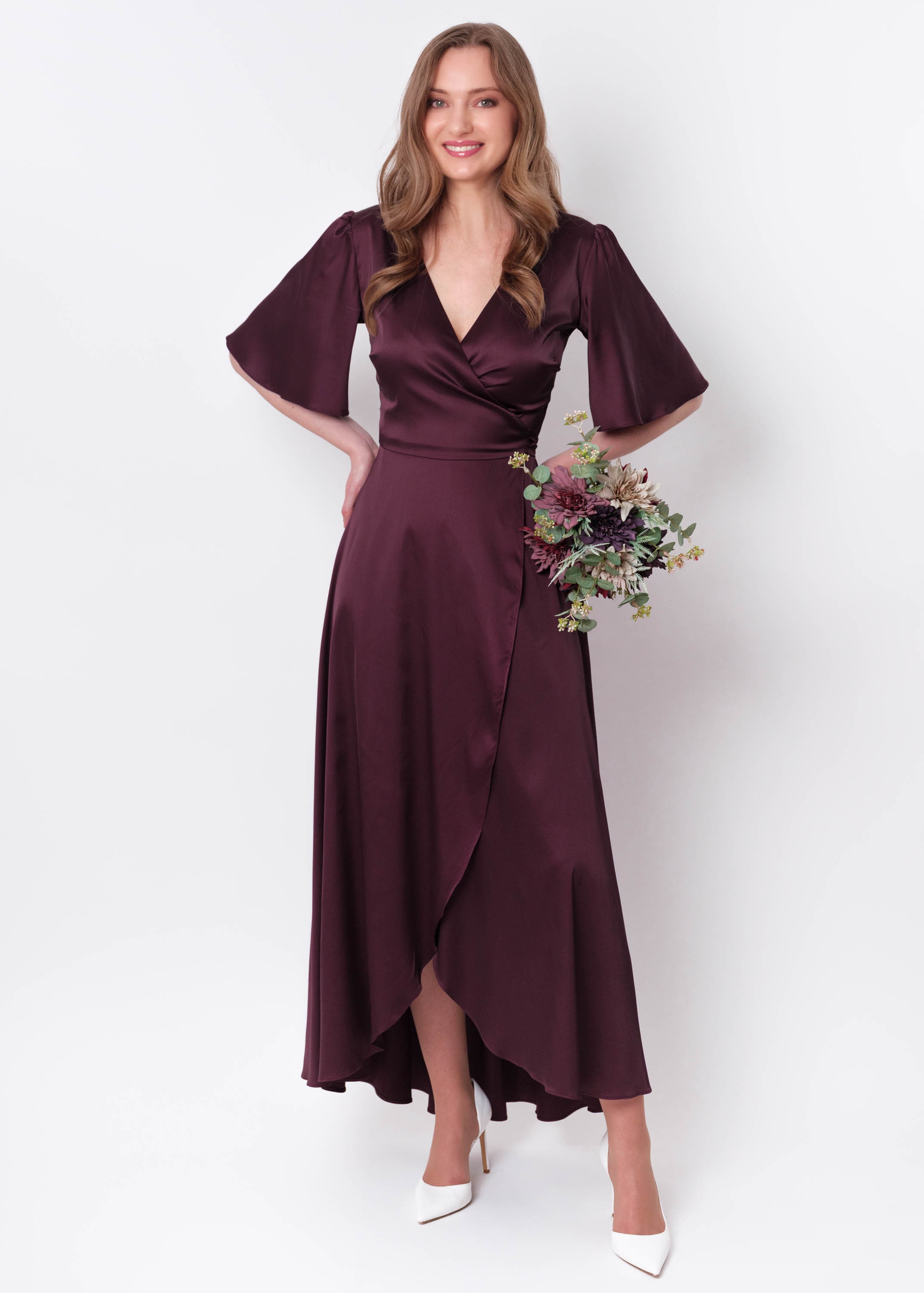 shape burgundy satin wrap dress Burgundy Wrap Satin Mini Dress (Size: Medium)