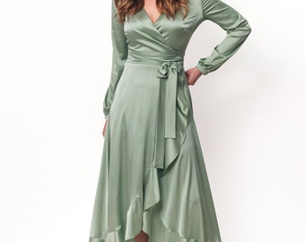 Sage green dress, silk dress, wrap dress, bridesmaid dress, wedding guest dress, women dress, maxi dress, evening dress, long dress