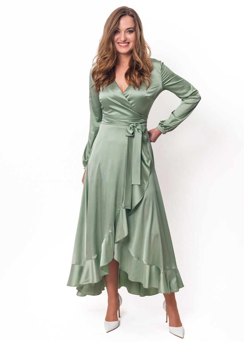 Sage Green Dress Silk Dress Wrap Dress Bridesmaid Dress Etsy