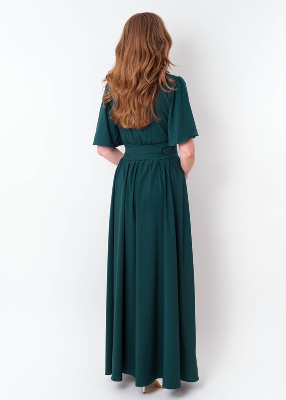 Dark Green Long Slit Dress with Belt, Bridesmaid Dress, Cocktail Dress, Wedding Guest Dress, Maxi Party Dress, Formal Dress, Prom Dress