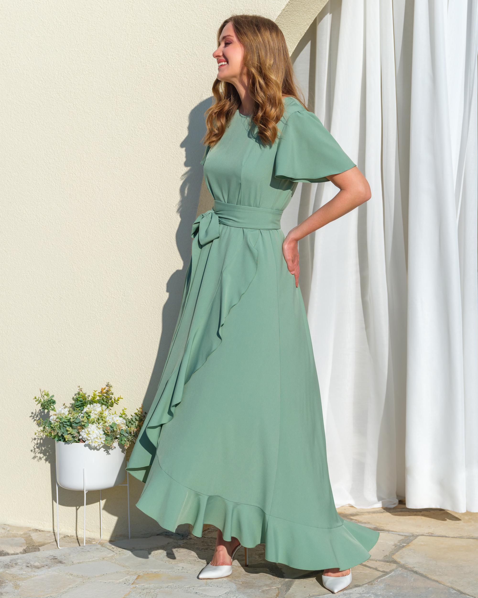 Bridesmaid dress | Sage green ruffle dress with belt | Elegant Bridesmaid & Special Occasion dress | Wedding guest dress | Custom Made