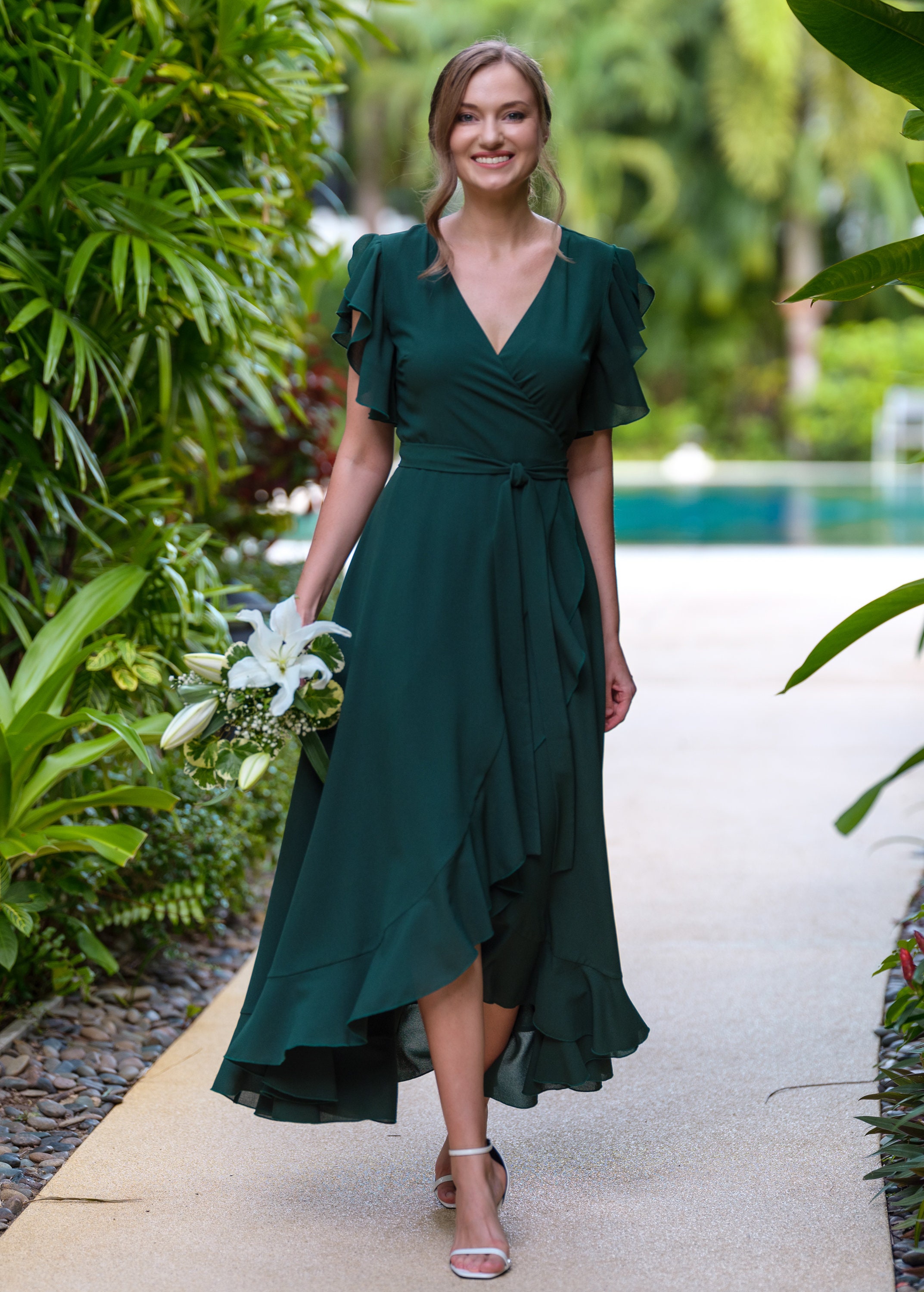 princess polly baby blue dress Berylove Women Dark Green Bridesmaid Dress V Neck Maxi A Line Chiffon  Wedding Guest Dress