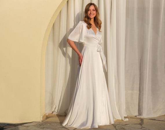 Bridesmaid dress | Silk ivory wrap dress | Elegant satin gown for weddings & special occasions | Custom made dress | Wedding simple dress