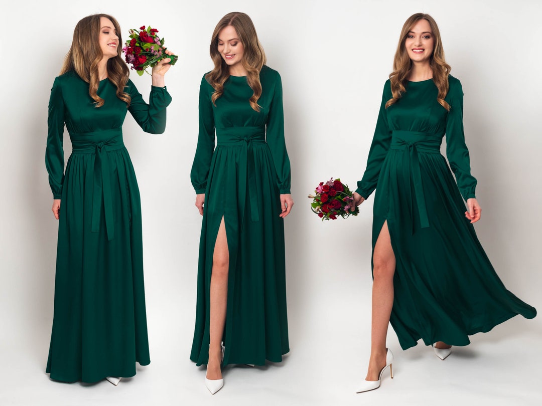 Dark Green Silk Dress With Belt, Long Slit Dress, Bridesmaid Dress ...