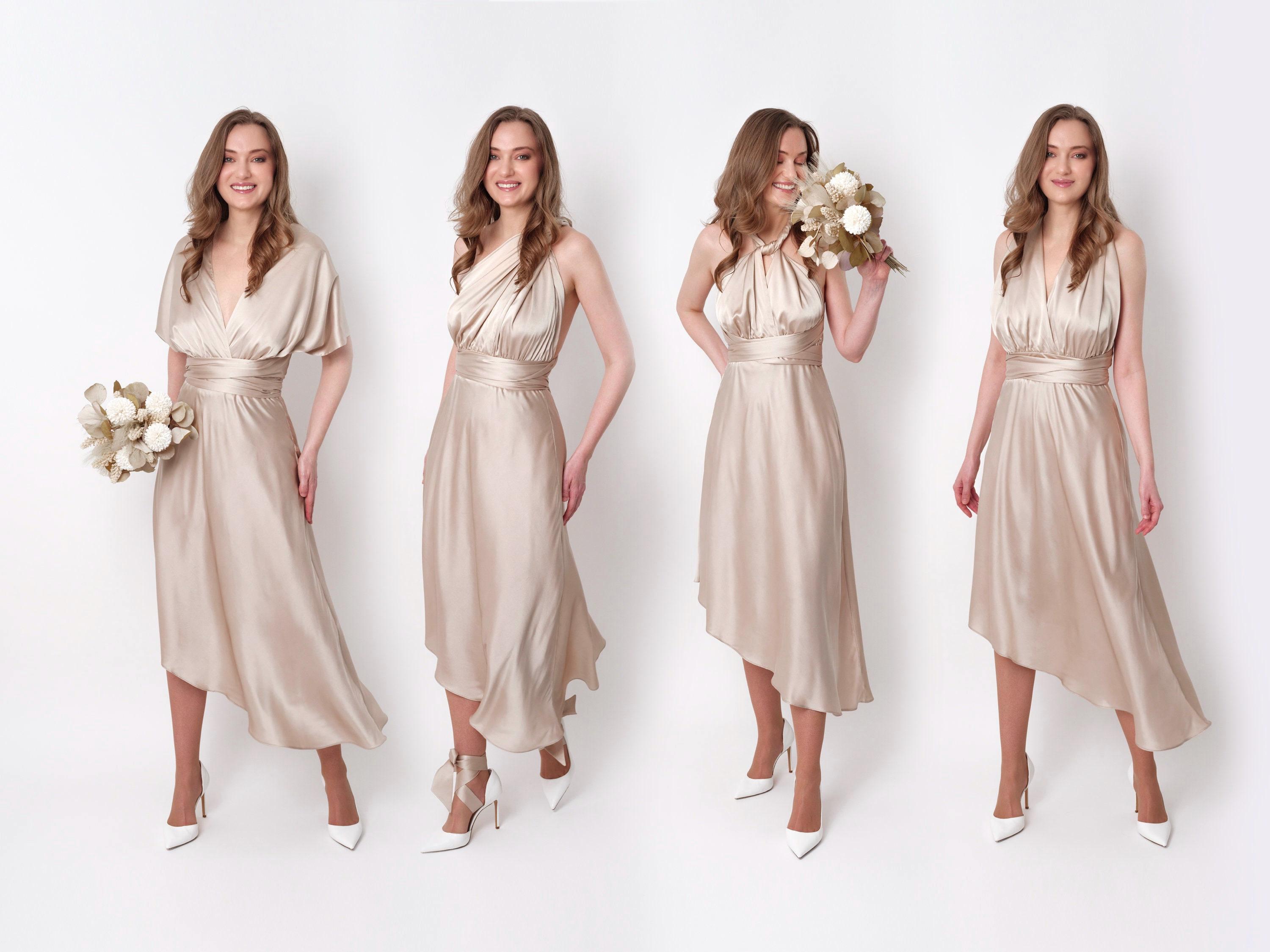Infinity dress, champagne beige silk dress, bridesmaid dress, silk satin dress, multi wrap dress, Convertible dress, multiway dress