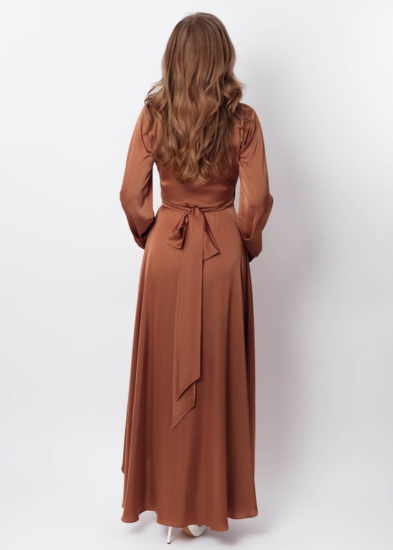 copper satin dress with sleeves Copper Gold Silk Wrap Dress With Long Sleeve, Plus Size, Bridesmaids