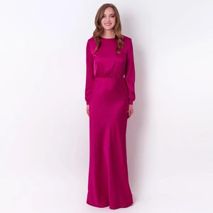 Silk dress in fuchsia, silk long dress, bridesmaid dress, wedding guest dress, evening dress, long sleeves dress, bridal party attire