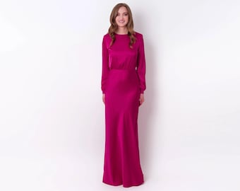 Seidenkleid in Fuchsia, langes Seidenkleid, Brautjungfernkleid, Hochzeitsgastkleid, Abendkleid, langes Ärmelkleid, Brautparty-Kleidung