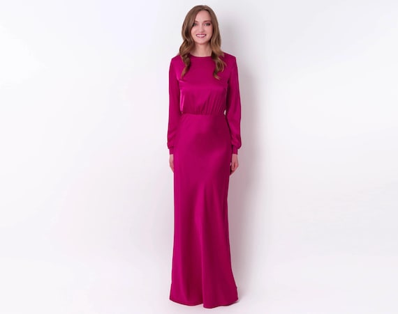 Silk Dress in Fuchsia, Silk Long Dress, Bridesmaid Dress, Wedding Guest  Dress, Evening Dress, Long Sleeves Dress, Bridal Party Attire - Etsy