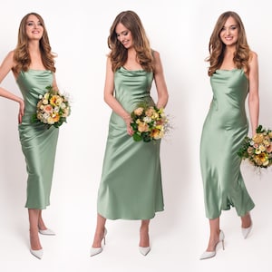 Moss green silk slip dress, bridesmaid dress, wedding guest dress, evening dress, midi straps dress, bridal party attire, long dress