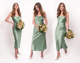 Moss green silk slip dress, bridesmaid dress, wedding guest dress, evening dress, midi straps dress, bridal party attire, long dress