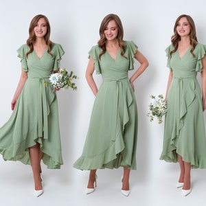Sage green chiffon bridesmaid dress, wedding guest dress, bridesmaids dress, chiffon long wrap dress, evening dress, formal chiffon dress