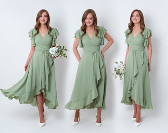 Sage green chiffon bridesmaid dress, wedding guest dress, bridesmaids dress, chiffon long wrap dress, evening dress, formal chiffon dress