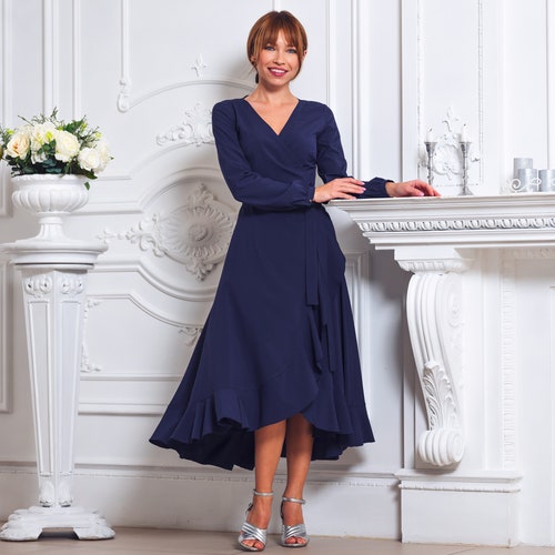 blue dress for baby girl Stylish Asymmetrical Navy Blue Tea Length Lace Bridesmaid Dresses main image 1