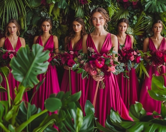 Robe infinie | Robe de demoiselle d'honneur | Combinaison pour demoiselles d'honneur | Robe de soirée en soie fuchsia | Robe d'invitée de mariage | Robe multipositions | Robe de chambre convertible