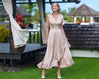 Champagne beige dress, silk dress, wrap dress, bridesmaid dress, wedding  guest dress, women dress, maxi dress, evening Primary color: Emerald Green