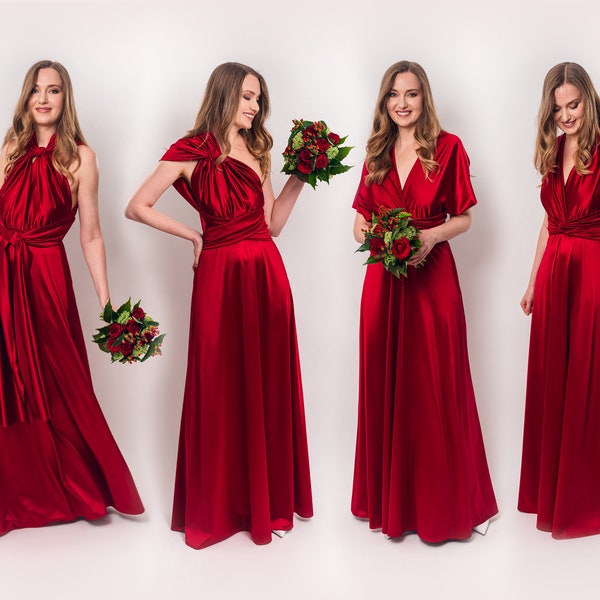 Red burgundy luxury satin infinity dress, bridesmaid dresses, bridesmaid infinity dress, infinity dress, wrap dress, Maid of Honor dress