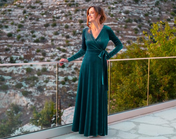 Velvet Wrap Dress in Teal Green: With Long Sleeves Floor Length Maxi Gown,  for Holiday Parties, Fall Winter Weddings, Special Occasions - Etsy Israel