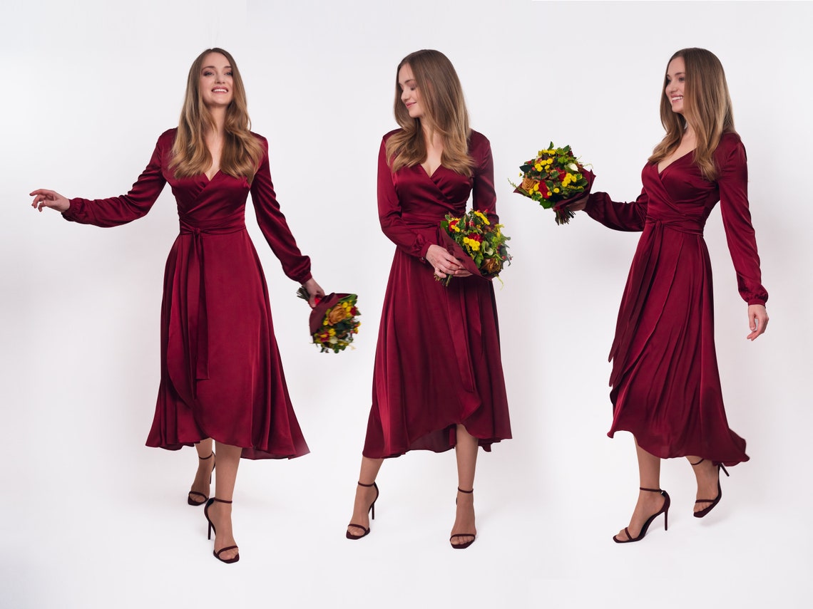 Burgundy silk dress silk dress wrap dress bridesmaid dress image 1