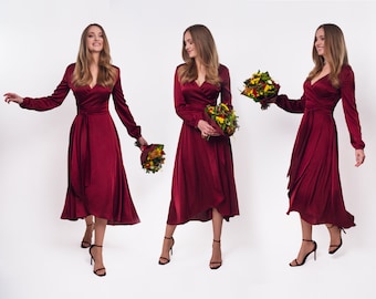 Burgundy silk dress, silk dress, wrap dress, bridesmaid dress, wedding guest dress, women dress, maxi dress, evening dress, long dress