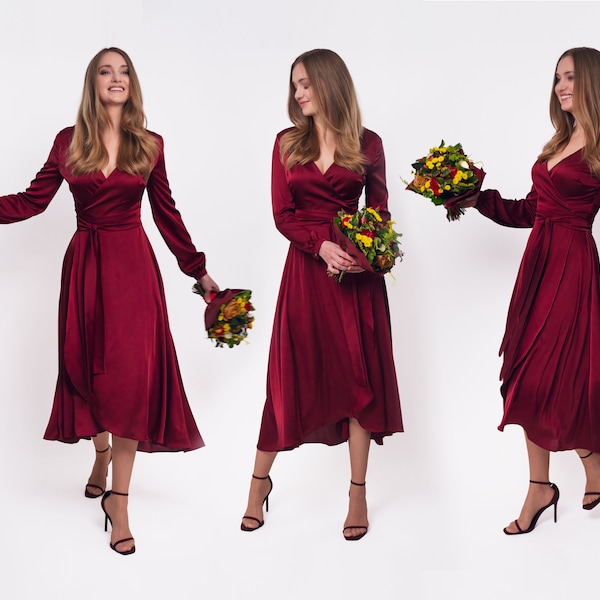 Burgundy silk dress, silk dress, wrap dress, bridesmaid dress, wedding guest dress, women dress, maxi dress, evening dress, long dress