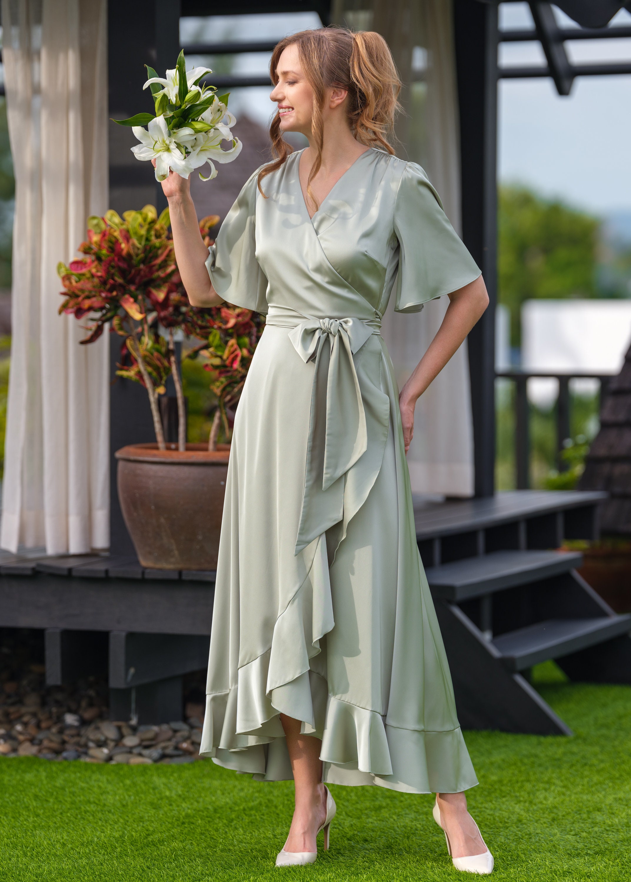 green emerald velvet dress Tuscany Maxi Slip Dress ~ Moss Green Luxe Satin – Show Me Your Mumu main image 1