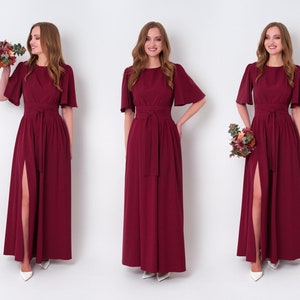 Burgundy long slit dress with belt, bridesmaid dress, cocktail dress, wedding guest dress, maxi party dress, formal dress, prom dress