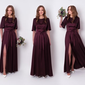 Dark burgundy silk dress with belt, long slit dress, bridesmaid dress, wedding guest dress, maxi dress, evening dress, formal dress
