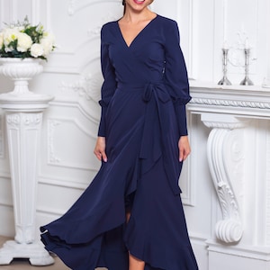 Navy blue long wrap dress, bridesmaid dress, cocktail dress, wedding guest dress, maxi party dress, formal dress, prom dress image 8