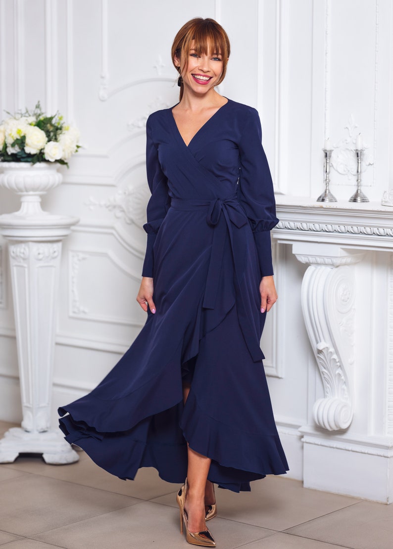 Navy blue long wrap dress, bridesmaid dress, cocktail dress, wedding guest dress, maxi party dress, formal dress, prom dress image 8