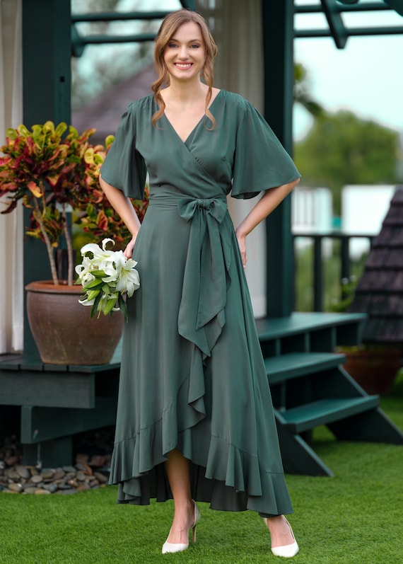chinese dress ladies Ivory Wrap Satin Dress With Flutter Sleeves main image 0