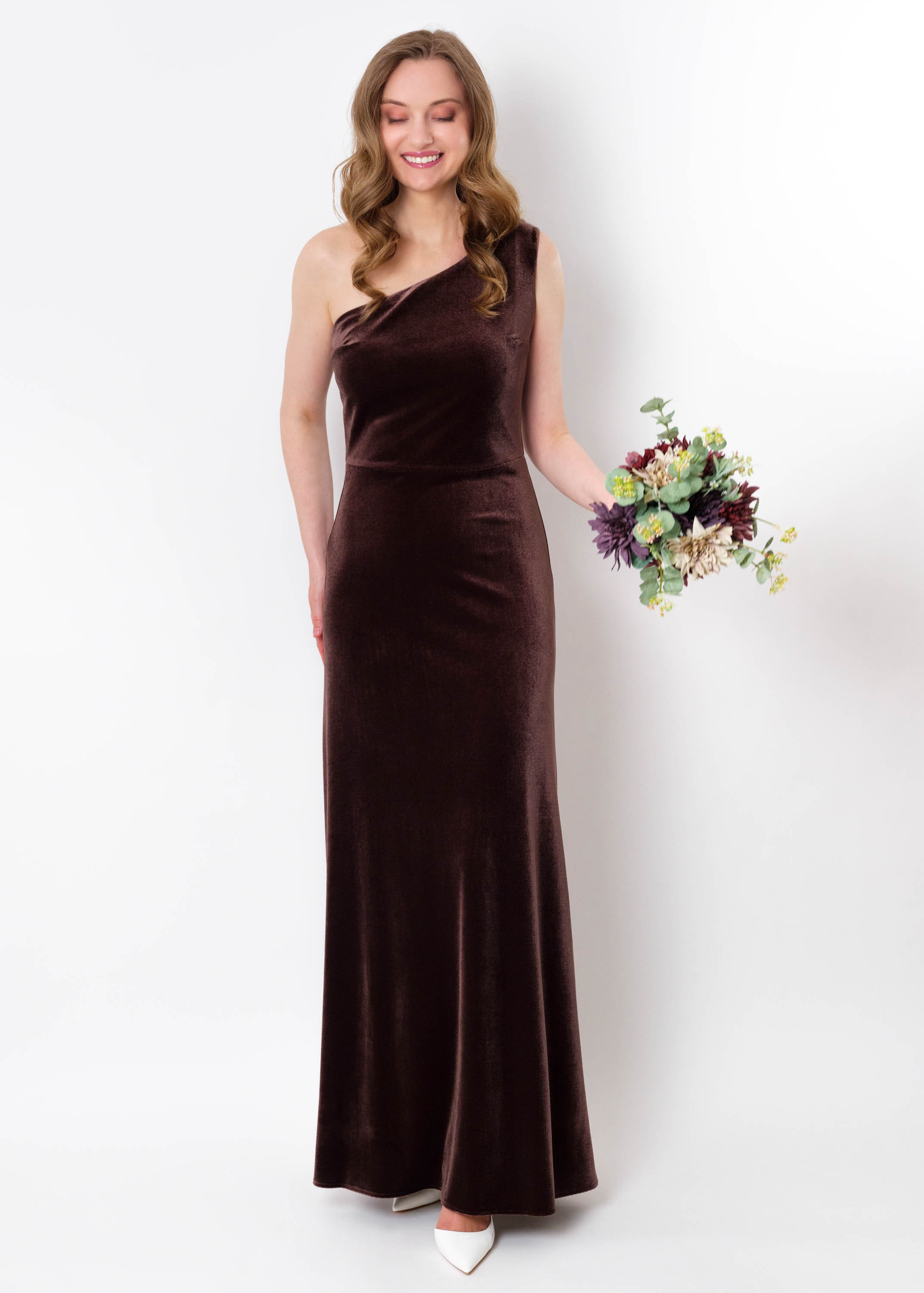 Velvet Dress in Chocolate Brown: One-Shoulder with Optional Slit, Bridesmaid, Formal Evening or Holiday Gown