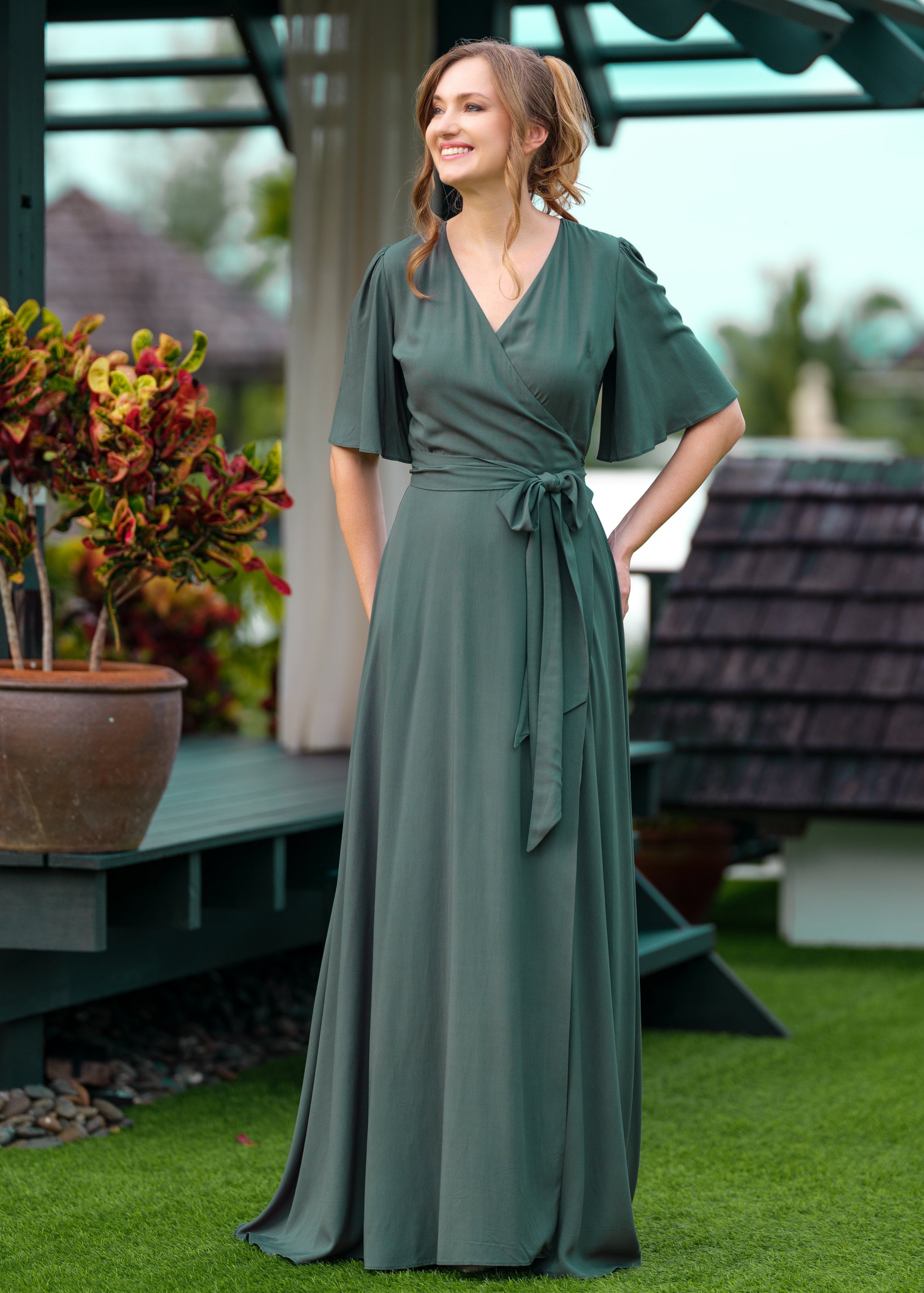 how to style bridesmaid wrap dress Ever-Pretty Wrap-Style Maxi Satin Budget Bridesmaid Dress with Waist Tie