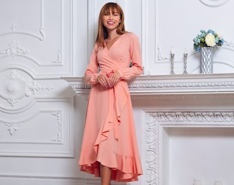 Blush pink long wrap dress, bridesmaid dress, cocktail dress, wedding guest dress, party dress, formal dress, prom dress, evening dress