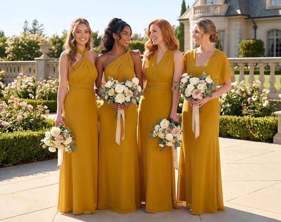 Gold Chiffon Infinity Dress, Multiway Bridesmaid Gown, Wedding Guest Outfit